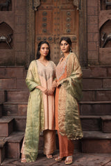 Kurta Set with Intricate Golden Dori Embroidery Paired with Pants &amp; Tissue Dupatta