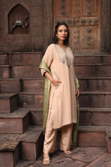 Kurta Set with Intricate Golden Dori Embroidery Paired with Pants &amp; Tissue Dupatta