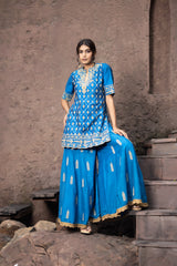Blue Silk Sharara Set With Dori Embroidery