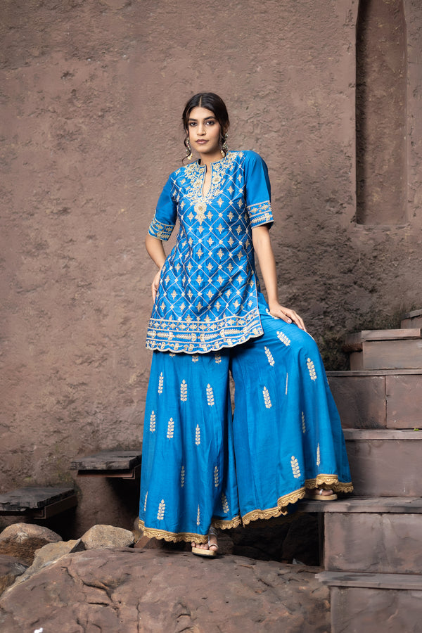 Blue Silk Sharara Set With Dori Embroidery