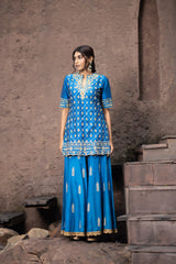 Blue Silk Sharara Set With Dori Embroidery