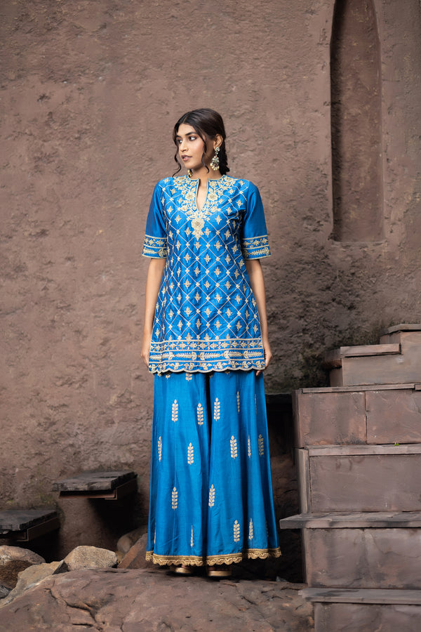 Blue Silk Sharara Set With Dori Embroidery