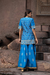 Blue Silk Sharara Set With Dori Embroidery