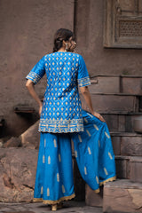 Blue Silk Sharara Set With Dori Embroidery