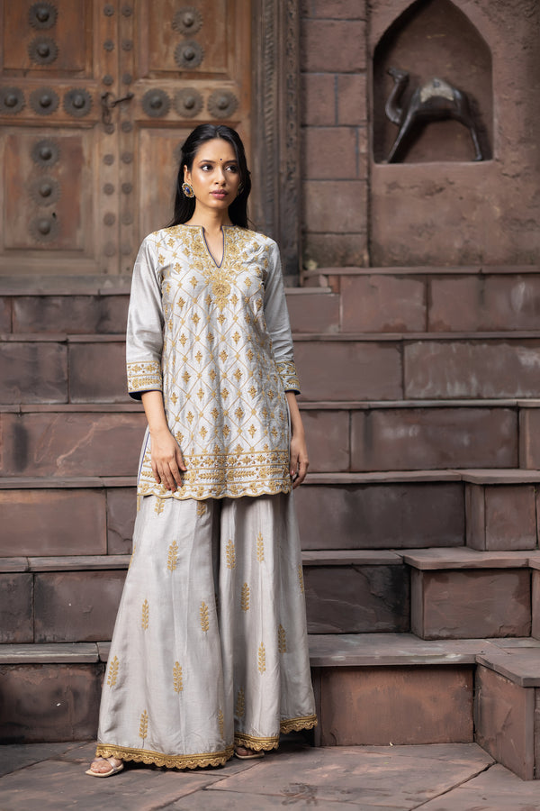 Grey Silk Sharara Set With Dori Embroidery