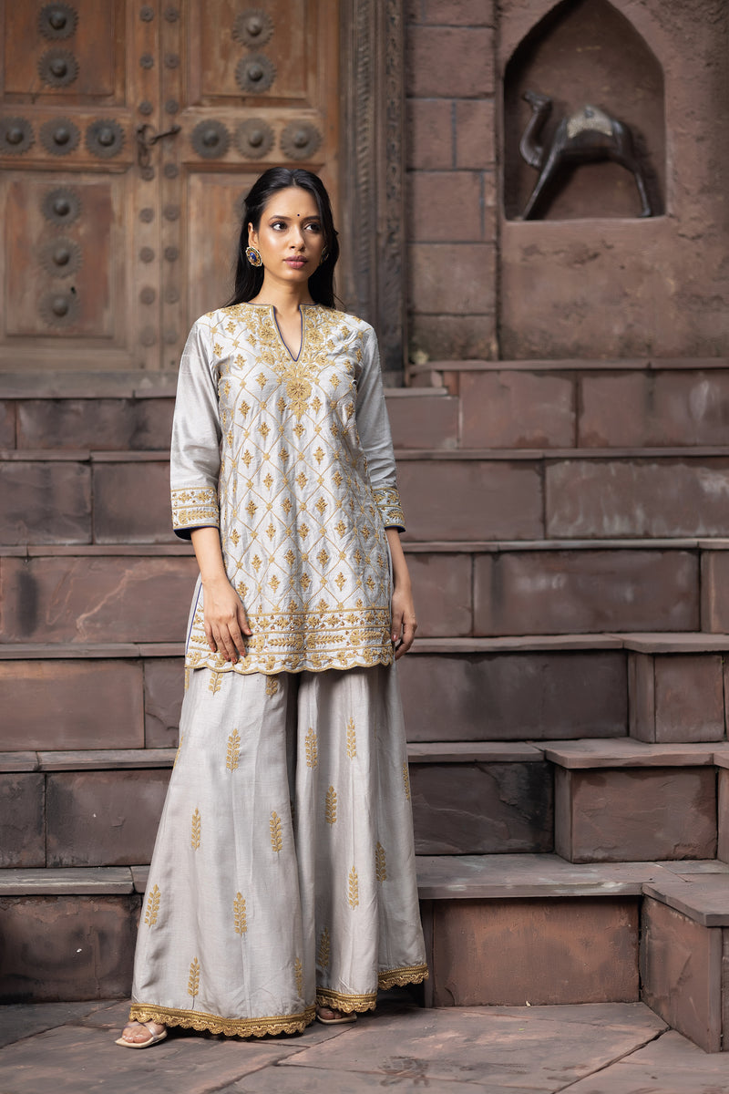 Grey Silk Sharara Set With Dori Embroidery