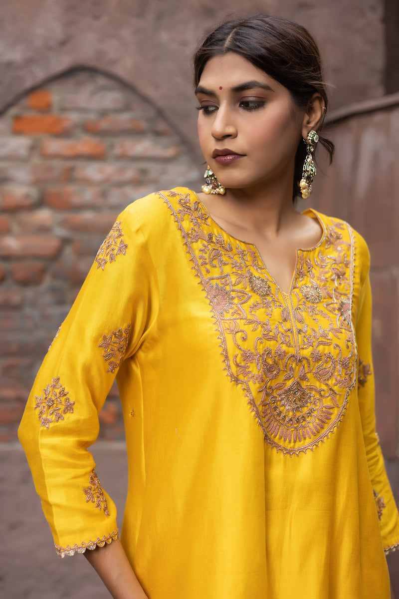 Yellow Chanderi Dori Embroidered kurta Set