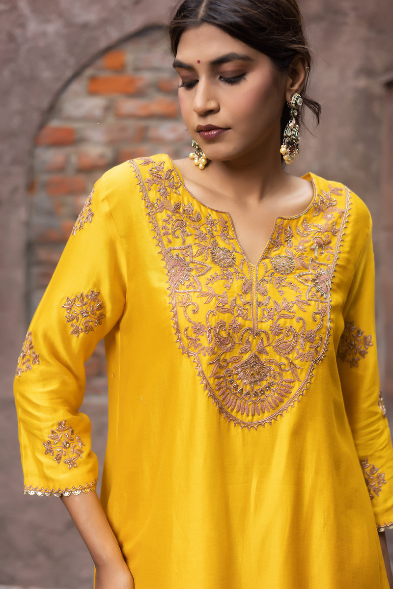 Yellow Chanderi Dori Embroidered kurta Set