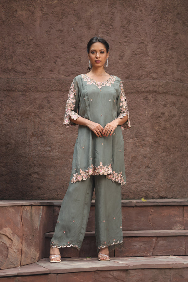 Dusty Sage Green Organza Embroidered Set