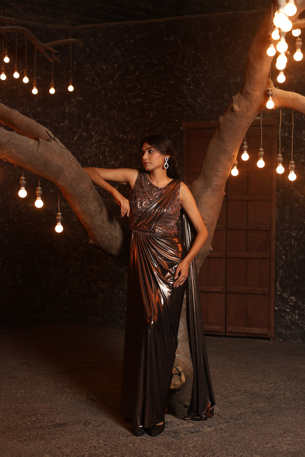 Bronze Embroidered Saree Gown
