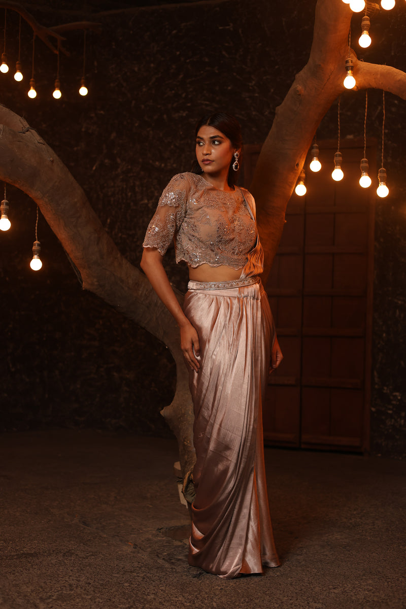 Crinkled Satin Pre Draped Saree