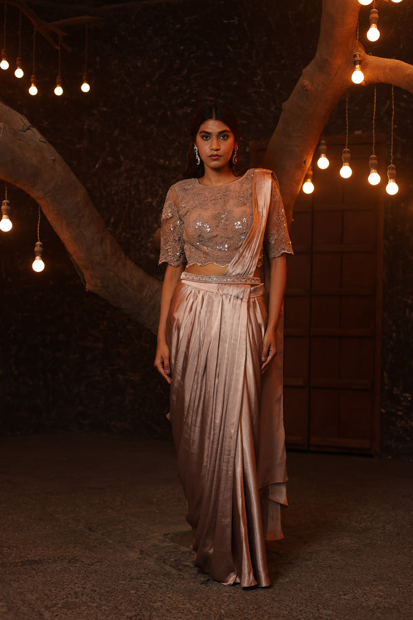 Crinkled Satin Pre Draped Saree