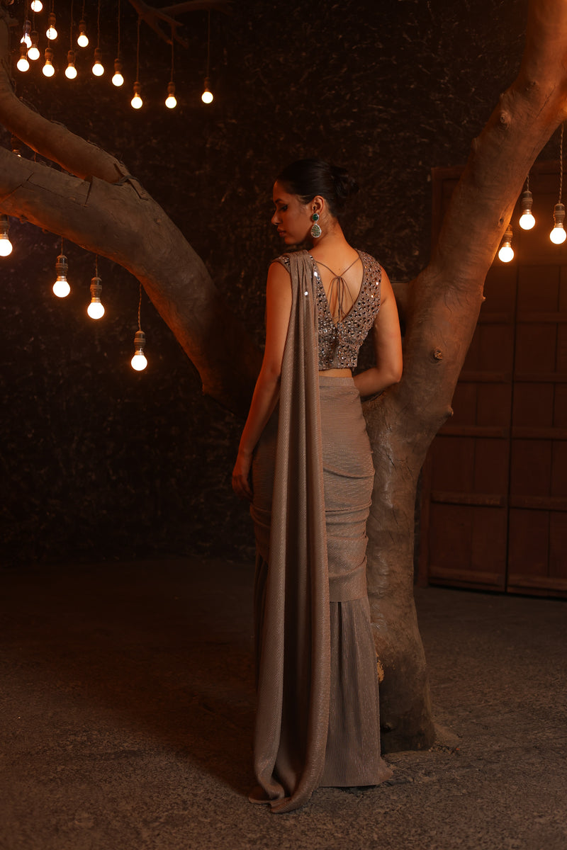 Pre-Draped Saree With Mirror Embroidered Blouse