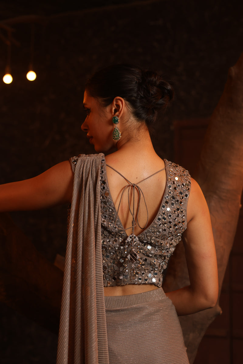 Pre-Draped Saree With Mirror Embroidered Blouse