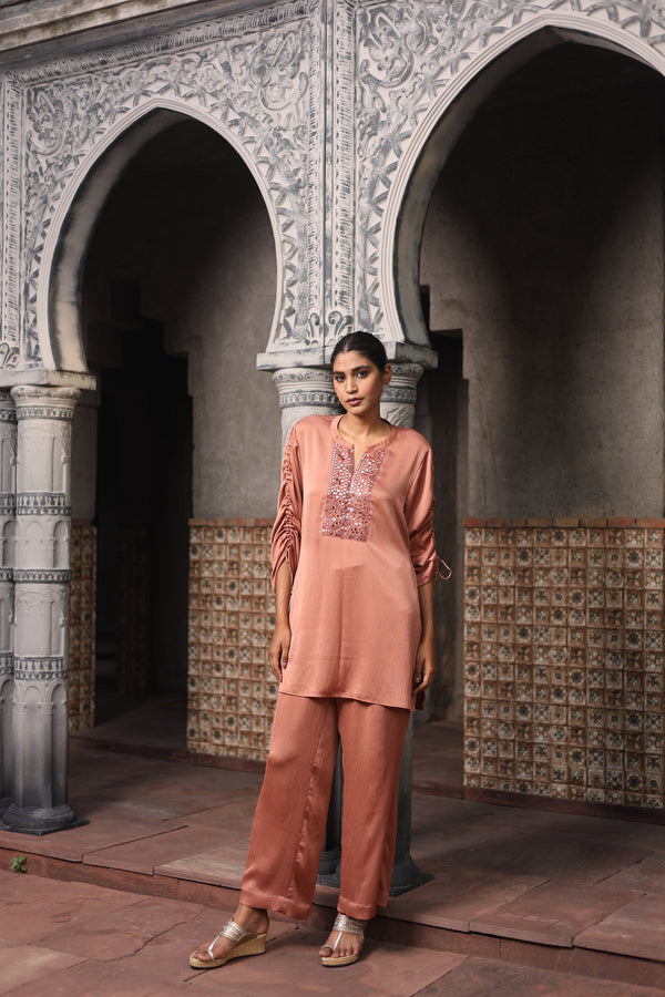 Rust Mirror Work Satin Set