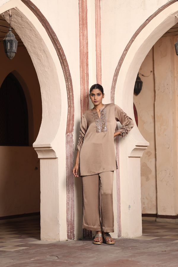 Coffee Mirror Work Satin Set