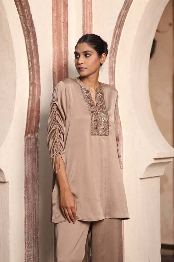 Coffee Mirror Work Satin Set