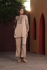 Coffee Mirror Work Satin Set