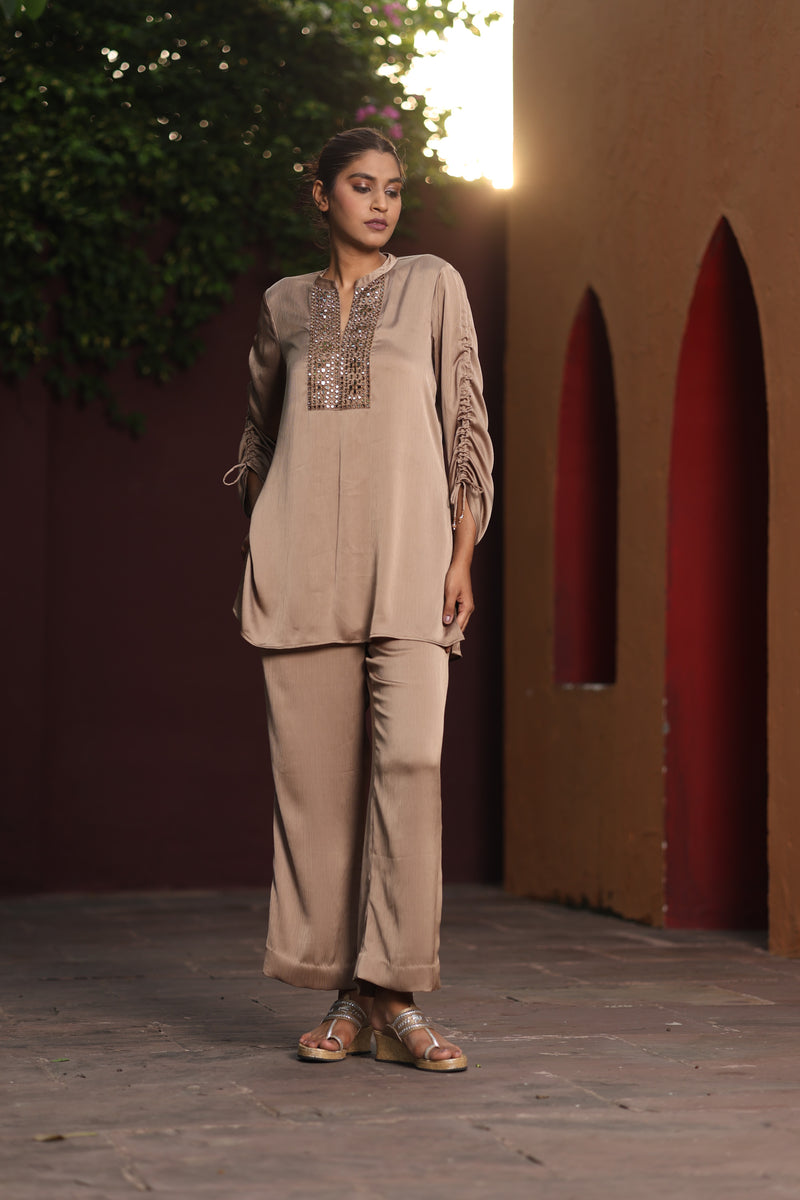 Coffee Mirror Work Satin Set