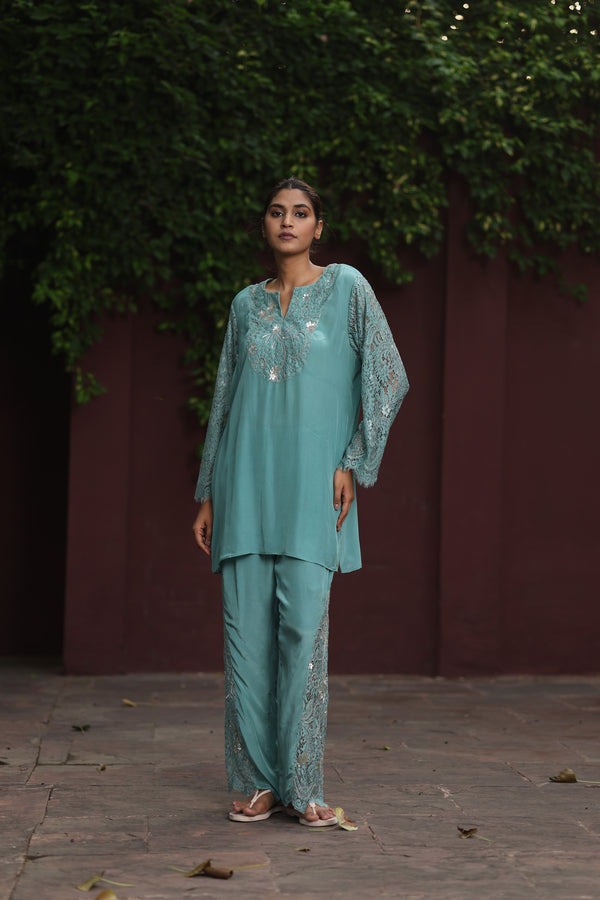 Mint Green Chandelier Set With Crepe Pants