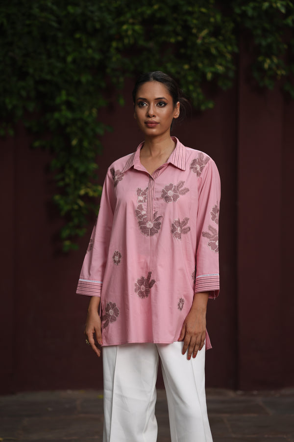 Pink Cotton Anchor Embroidered Top