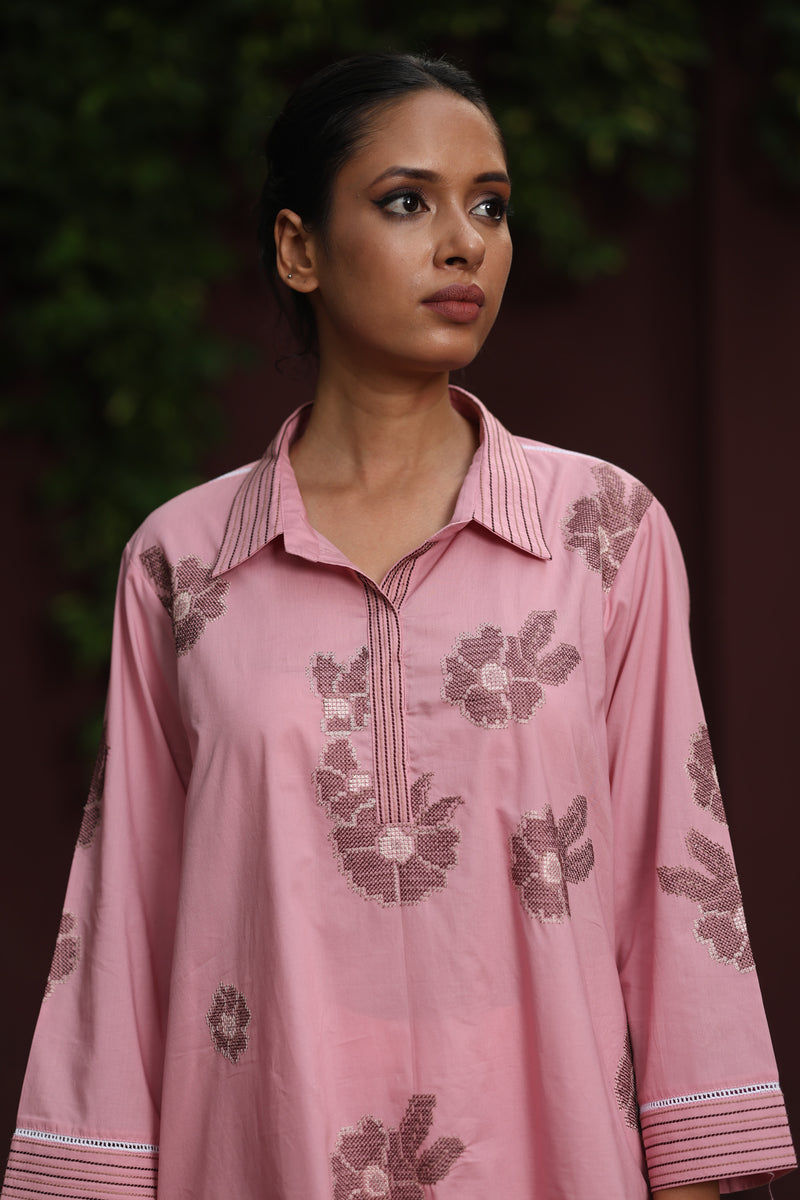 Pink Cotton Anchor Embroidered Top