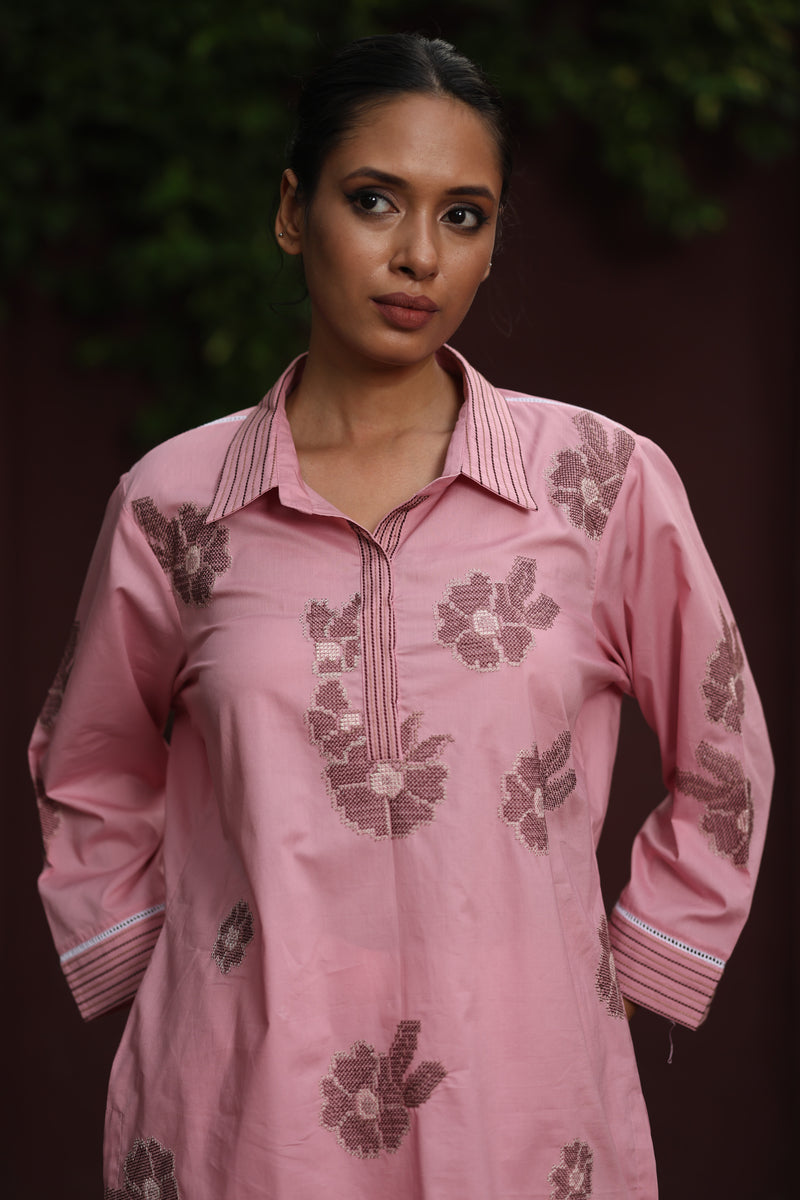 Pink Cotton Anchor Embroidered Top