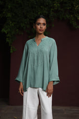 Green Twill Dori Embroidered Top