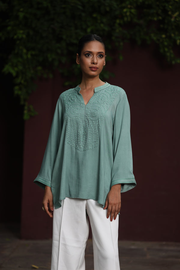 Green Twill Dori Embroidered Top
