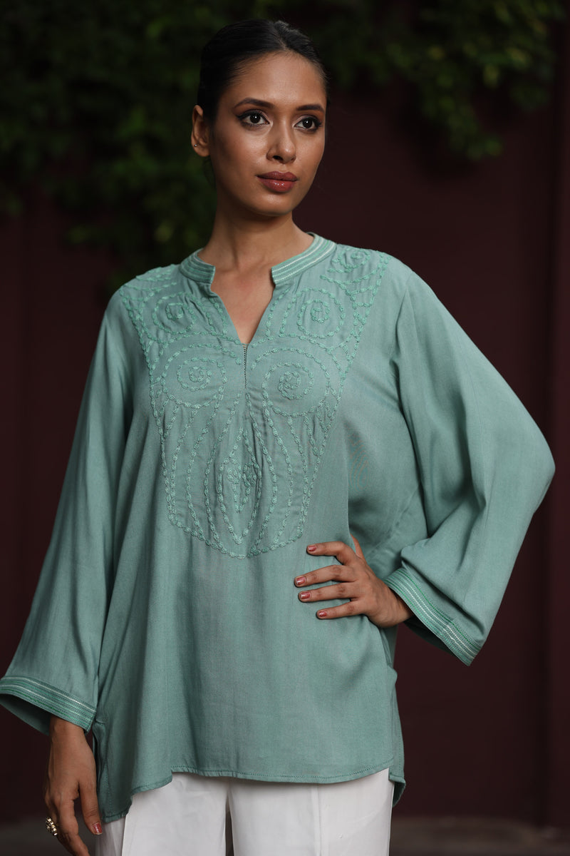 Green Twill Dori Embroidered Top