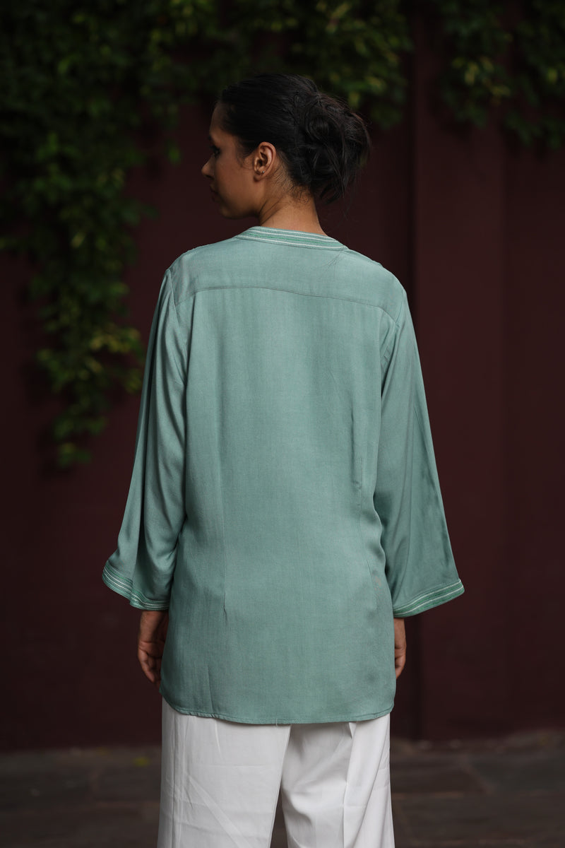 Green Twill Dori Embroidered Top