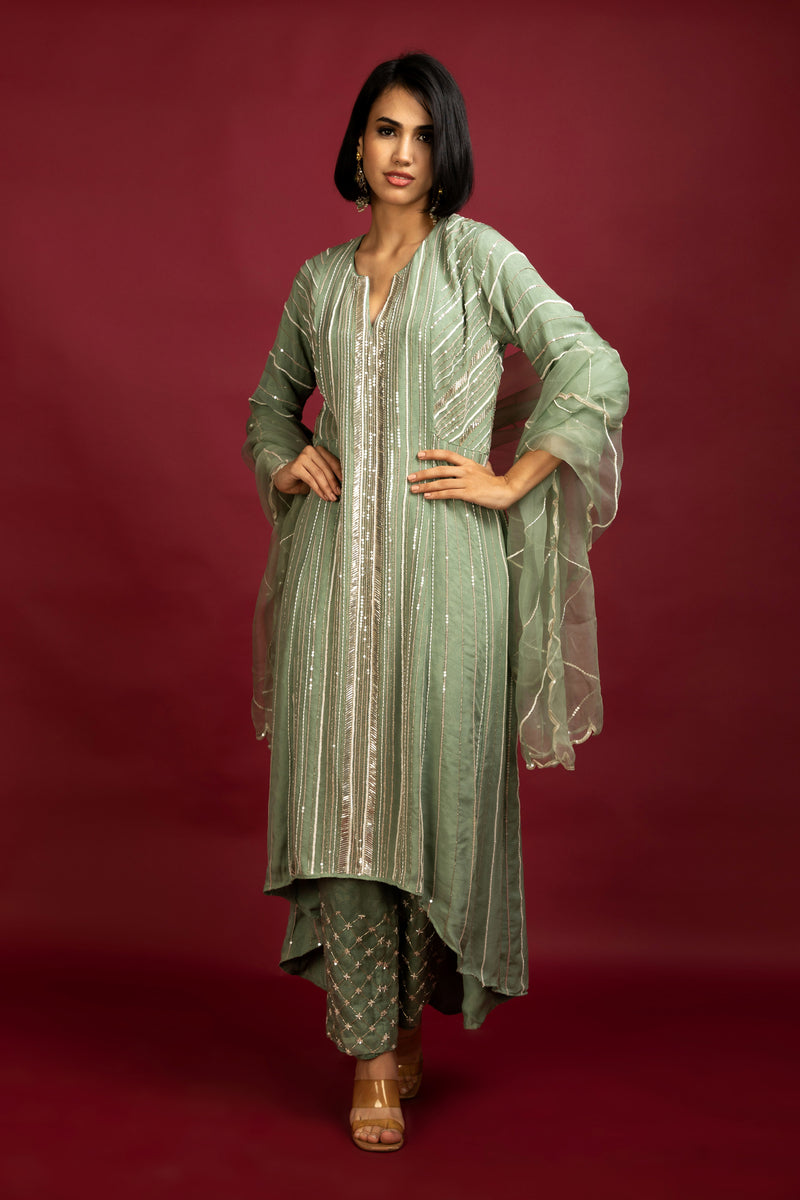 Hand Embroidered Organza High-Low Anarkali