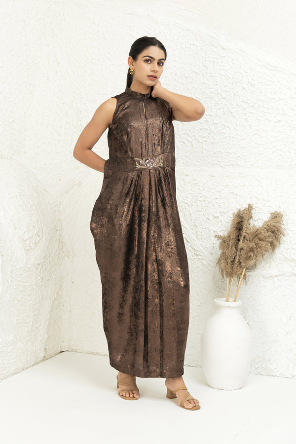 Metallic Sleeveless Gown with Embellished Waist