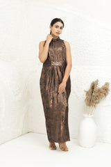 Metallic Sleeveless Gown with Embellished Waist