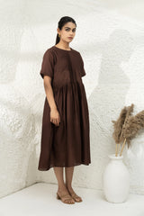 Brown Tucks Embroidered Dress