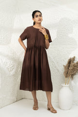 Brown Tucks Embroidered Dress