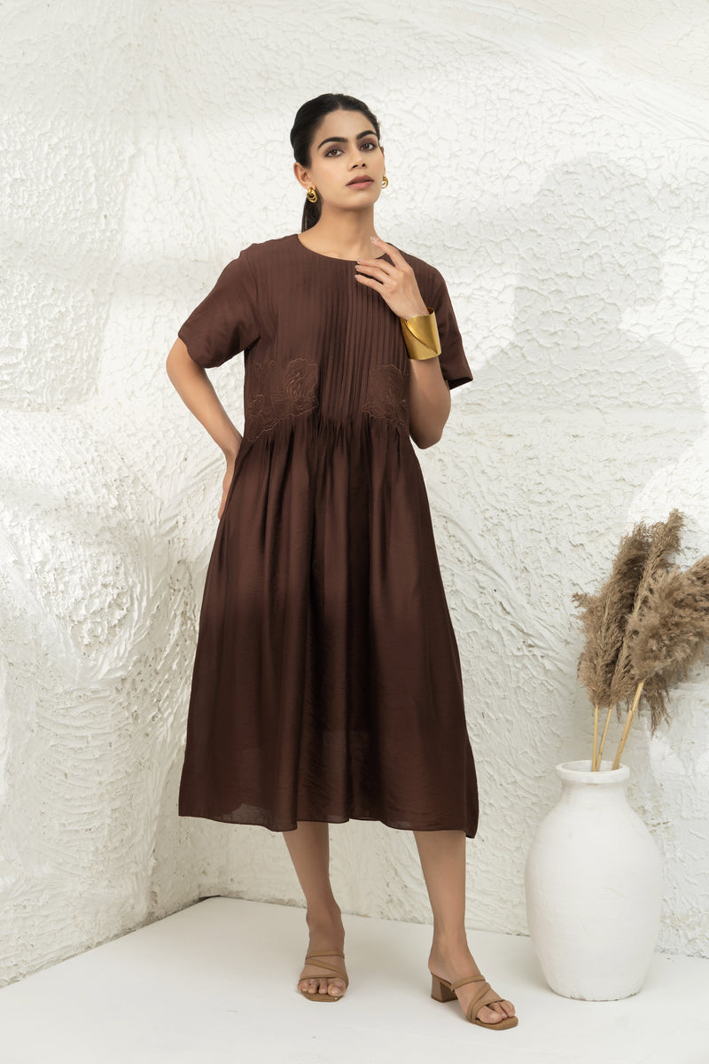 Brown Tucks Embroidered Dress