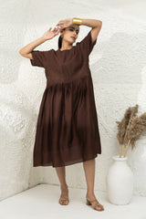 Brown Tucks Embroidered Dress