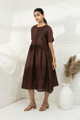 Brown Tucks Embroidered Dress