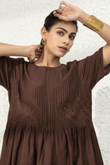 Brown Tucks Embroidered Dress