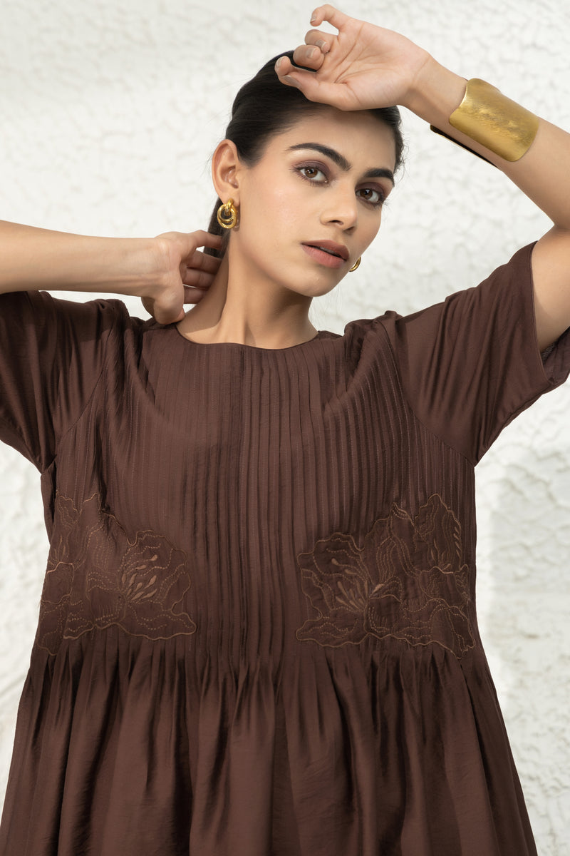 Brown Tucks Embroidered Dress