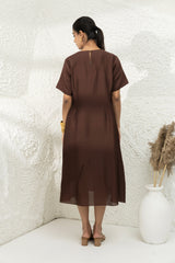 Brown Tucks Embroidered Dress