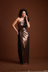 One-Shoulder Metallic Drape Gown