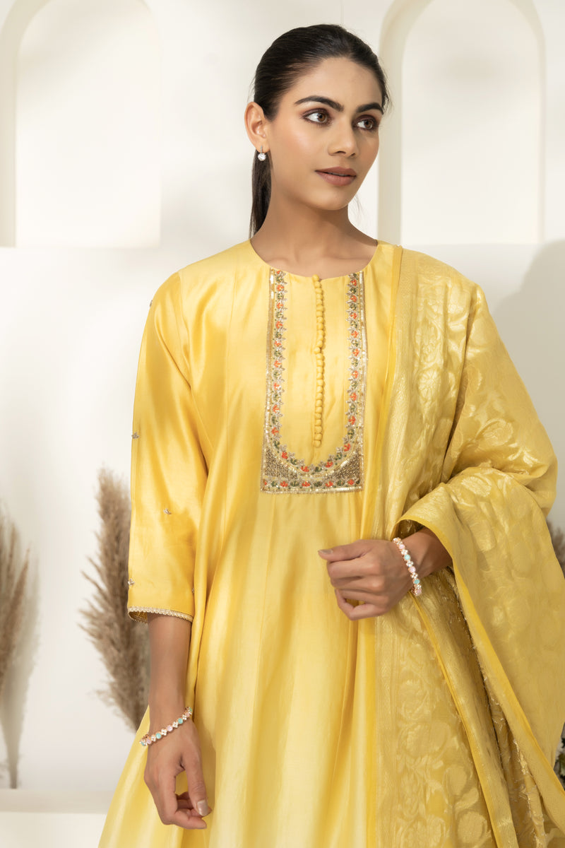 Yellow Kalidar Embroidered Kurta Set