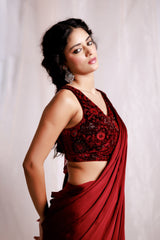 Hand Embroidered Red Pre-Drapped Saree