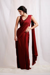 Hand Embroidered Red Pre-Drapped Saree