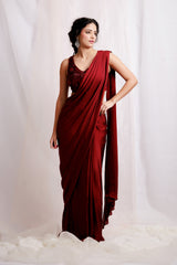 Hand Embroidered Red Pre-Drapped Saree