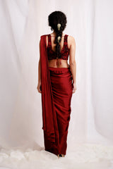 Hand Embroidered Red Pre-Drapped Saree