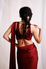 Hand Embroidered Red Pre-Drapped Saree