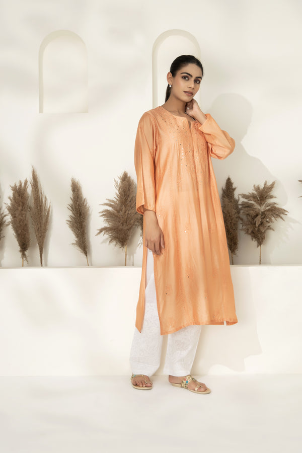 Lucknowi Chanderi Tunic  With Embroidered Pants